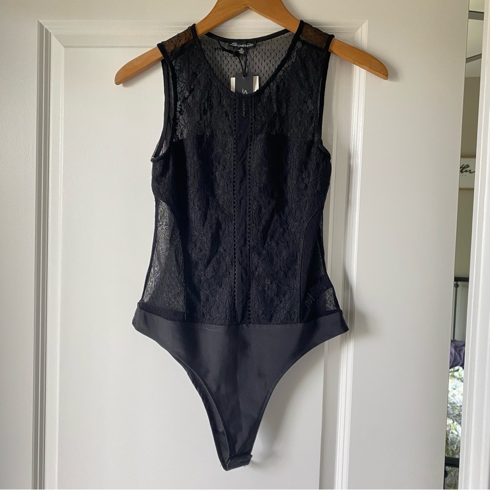 NWT Shinestar Sheer Black Mesh Lace Bodysuit